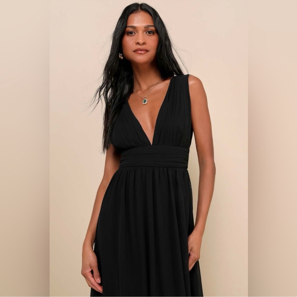 Lulus Heavenly Hues Maxi Dress Large Black Chiffon Side Slit Goddess Formal NWT - Picture 4 of 12